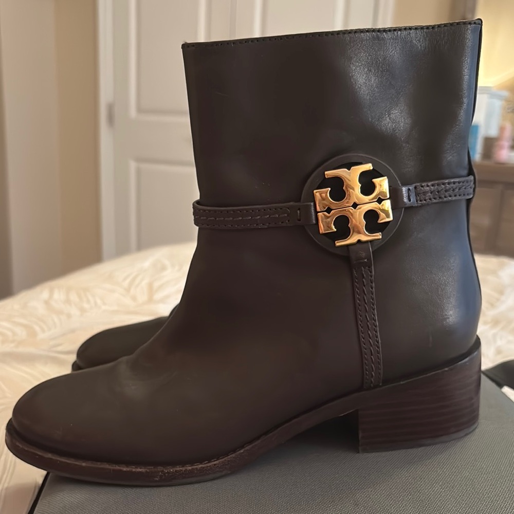 Tory Burch Brown Ankle Booties with Gold Emblem